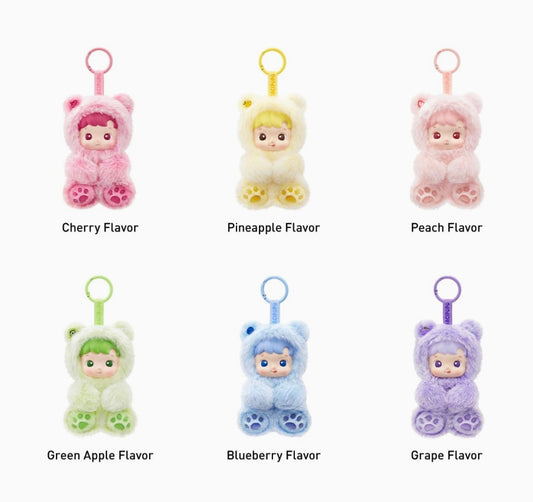 Set of six Hacipupu gummy bear plush bag charms in different colors with flavor labels on a white background