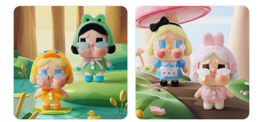 Two sets of POP MART Crybaby Plush Pendants Crying Again Series on scenic backdrops