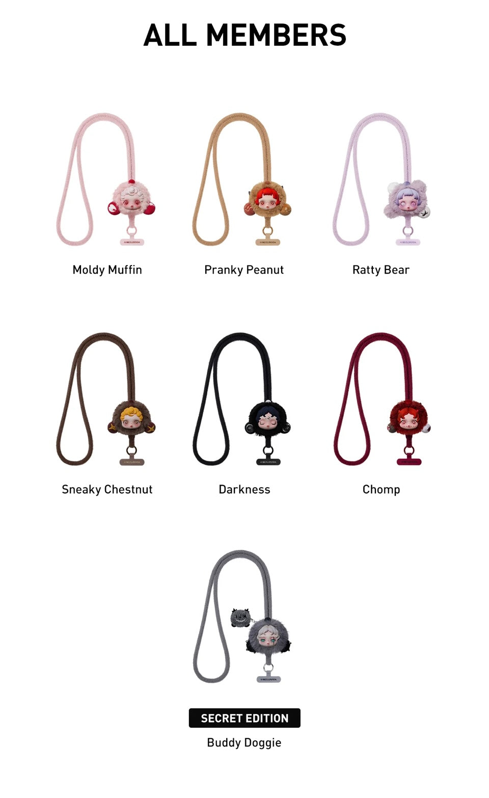 Collection of character keychains on lanyards with labels underneath on a white background.