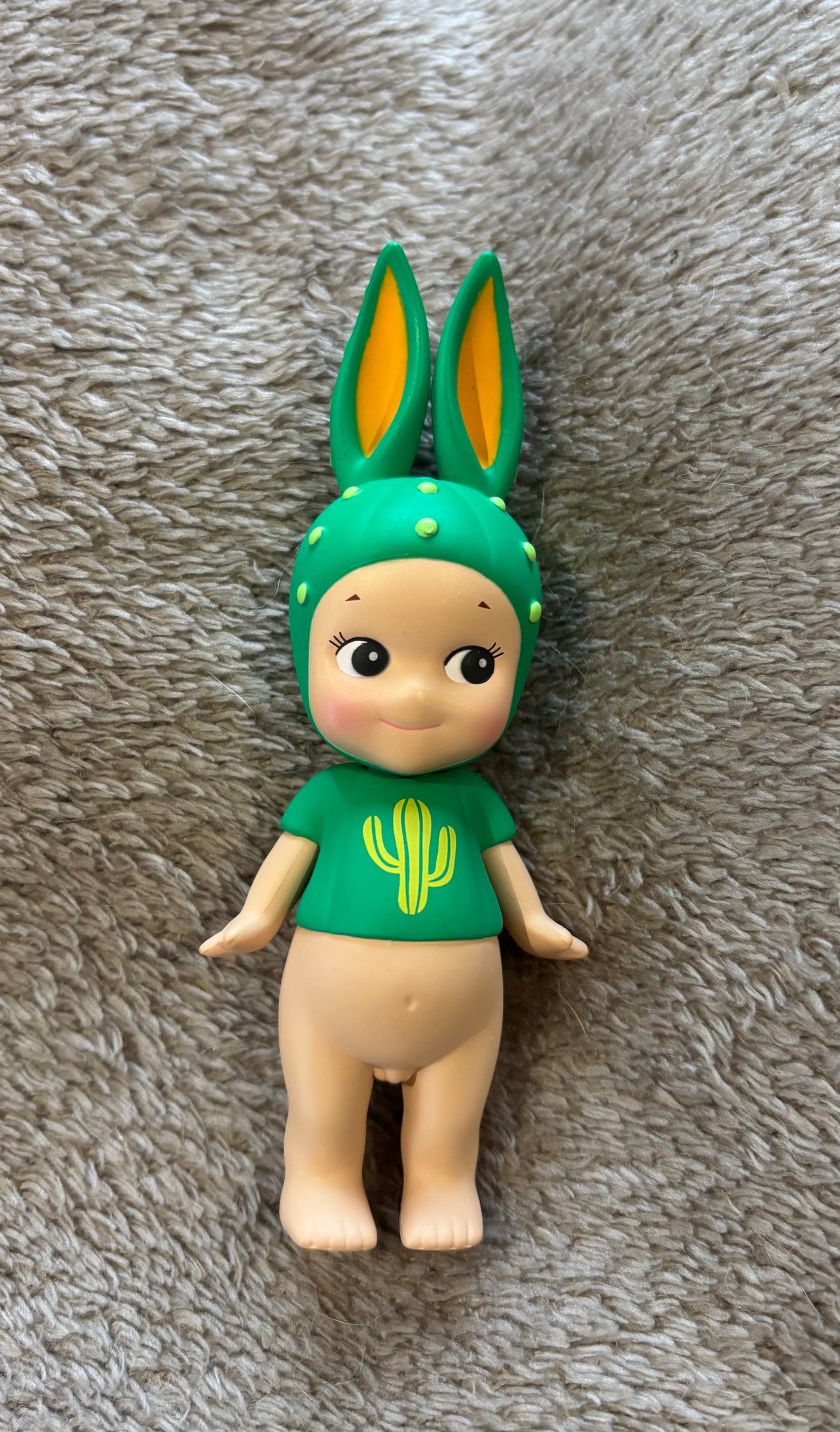 Cute Rabbit Cactus series Sonny Angel rare collectible mini figure green lying on grey blanket