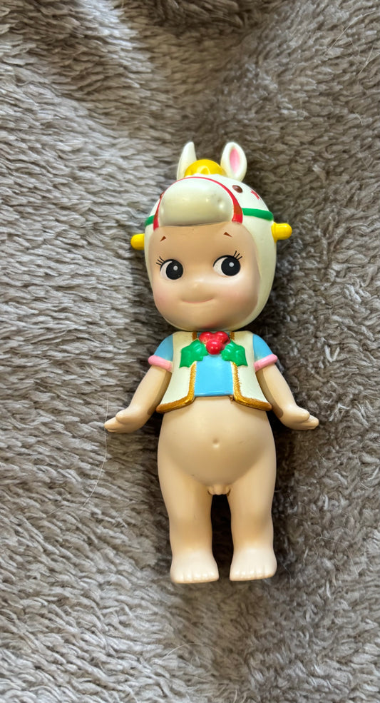 Cute Sonny Angel Figure Doll Rocking Horse rare lying on grey blanket 