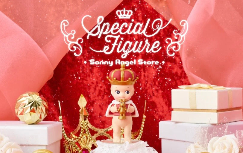 Decorative setup with a sonny angel figurine, gifts, and 'Special Figure' branding on a red background. Collectible rare congratulations 