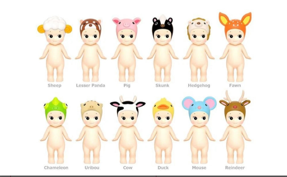 Row of illustrated Sonny Angel dolls with animal-themed hats on a white background from V2 Animal series 