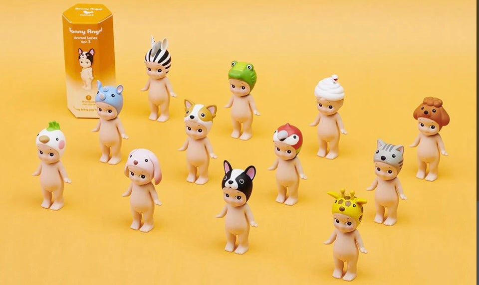 Set of sonny angel mini figurines blind box collectibles with animal heads on a yellow background from animal V3 series 