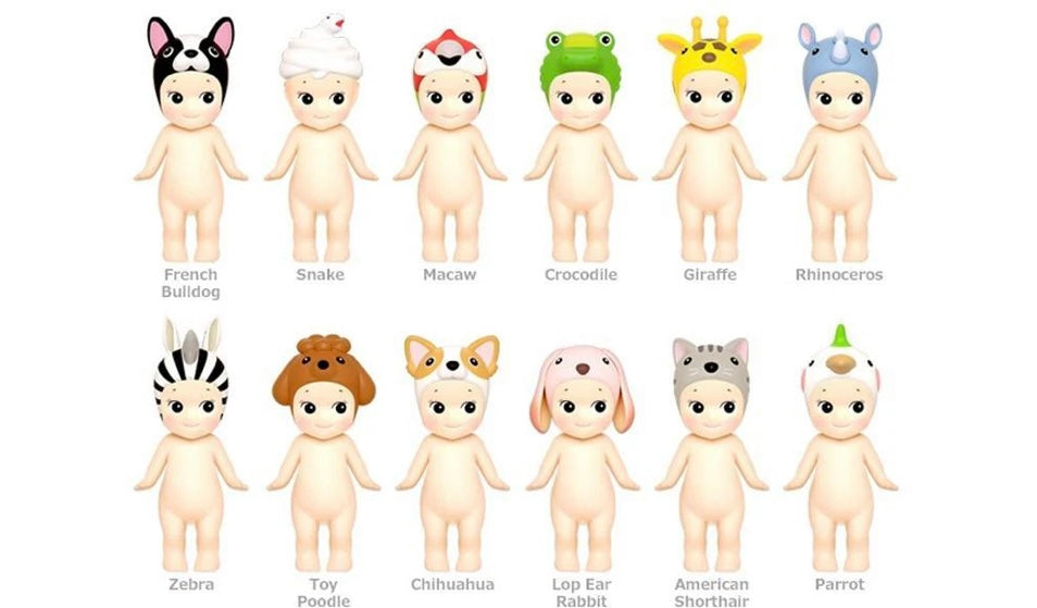 Set of animal-themed Sonny Angel collectible mini figure dolls with various headgear on a white background from animal V3 series 