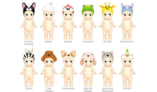Set of animal-themed Sonny Angel collectible mini figure dolls with various headgear on a white background from animal V3 series 